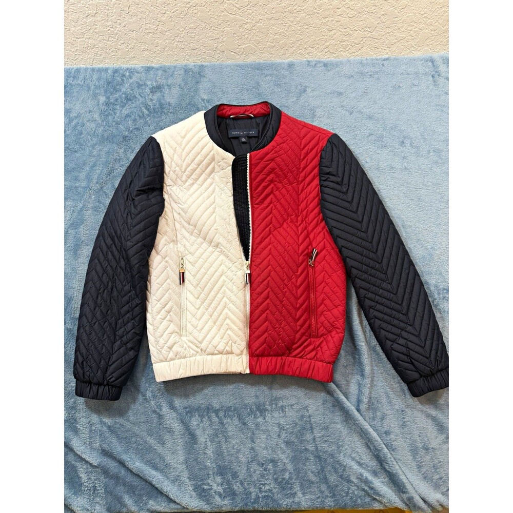 Tommy Hilfiger Women XS Chevron Quilted Colorblock Bomber Jacket Red Cream Navy